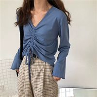 Брендовый сексуальный весенний лонгслив, свободный крой, V-образный вырез, на шнурках