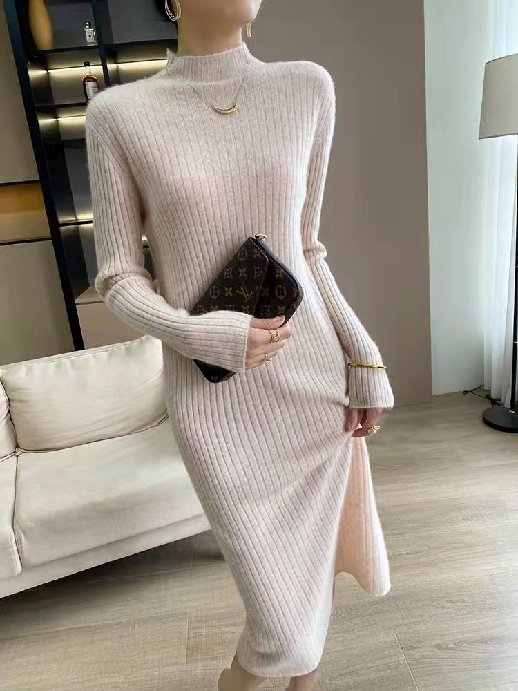 Foreign dress lady autumn and winter medium long version half high collar loose with knee temperament Lean Long Dress Bottom Knit Goat Sweatshirt