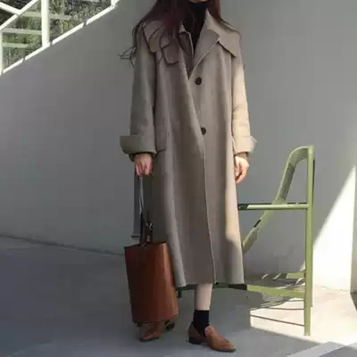 South Korea East Gate Autumn and winter large lapel lace double-sided cashmere coat women's long version 100% wool woolen coat