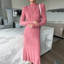 2020 autumn and winter new half-turtleneck with coat slim-fit knitted skirt long sweater dress over the knee