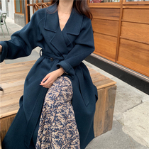 Deep blue double-sided cashmere coat womens long loose 2020 autumn and winter popular temperament wool wool coat