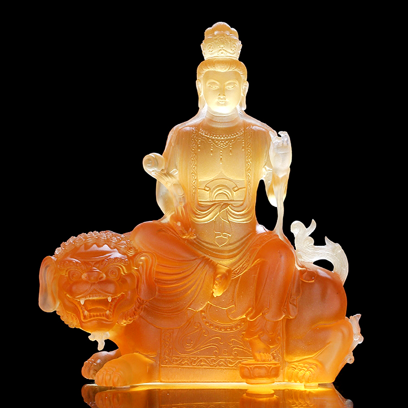 Wutai Mountain Manjusri Bodhisattva Glass Buddha Statue Feng Shui Ornament Consecrates Great Wisdom Manjusri Puxian Buddha Statue Huayan Three Saints