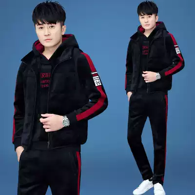 Golden velvet suit men plus velvet thick cotton T three-piece set 2019 Korean trend Sports Leisure autumn and winter set