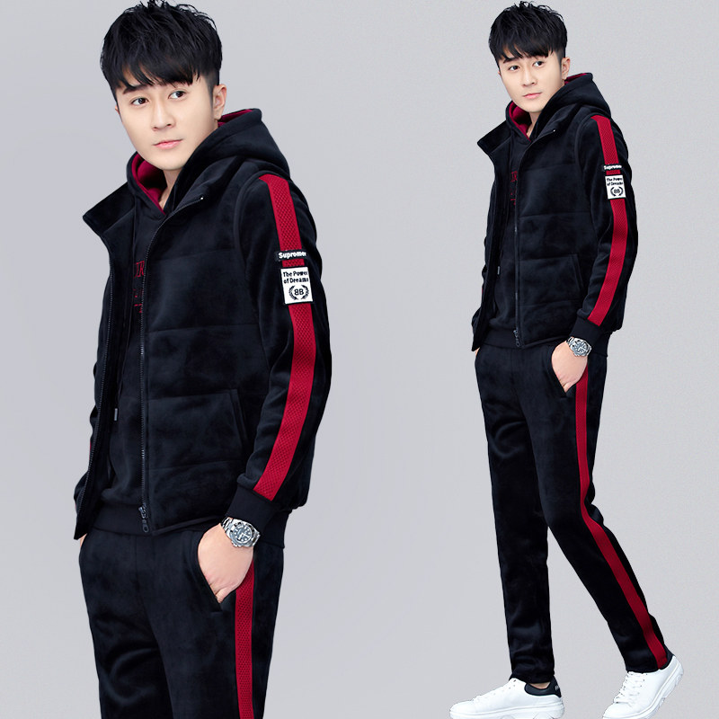 Gold velvet leisure sports suit men's velvet thickened men's autumn and winter jacket winter sweater three-piece clothes