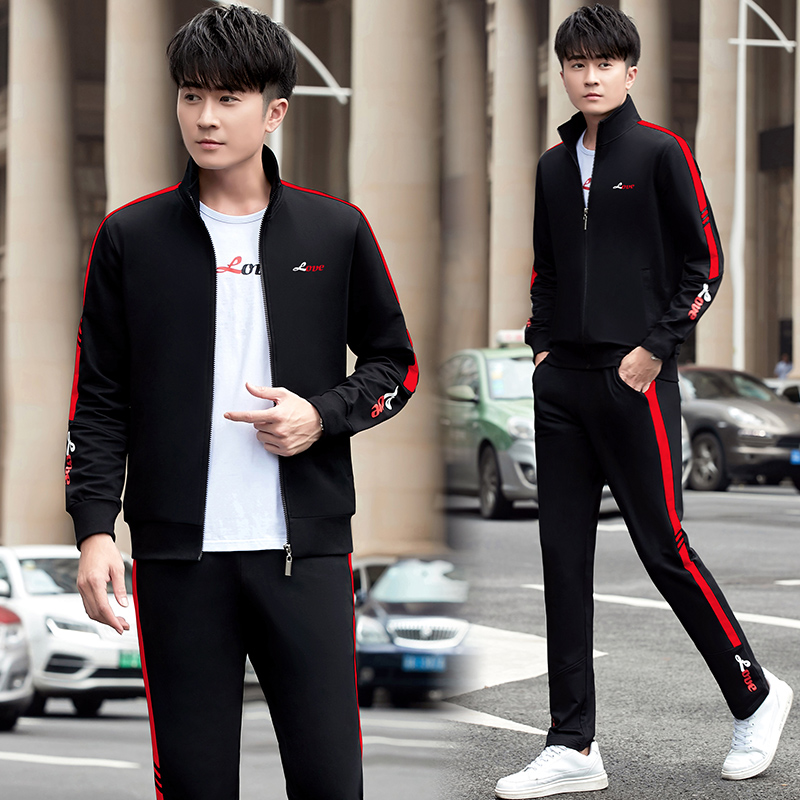 Sports suit men's soil autumn 2019 long-sleeved loose large size clothes Middle-aged fashion thick T-shirt three-piece casual wear