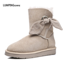 Fur one-piece snow boots Womens real leather thickened student waterproof non-slip warm bow pure Wool Australian boots