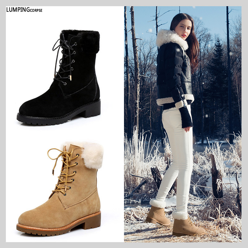 Snowy boots female fur integrated winter outdoor plus suede warm and waterproof lacing wool Inlenty wind Martin boots midway