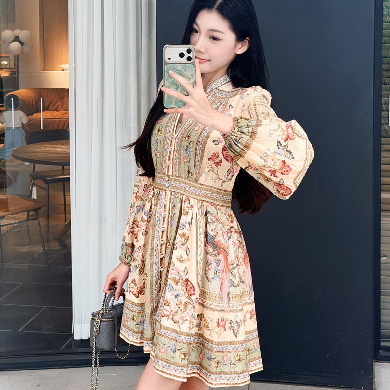 Zimm Australian Luxury Clothing High-End 26 Spring/Summer Floral Print Lantern Sleeve New Long-Sleeve Waist-Cinching Short Dress for Women