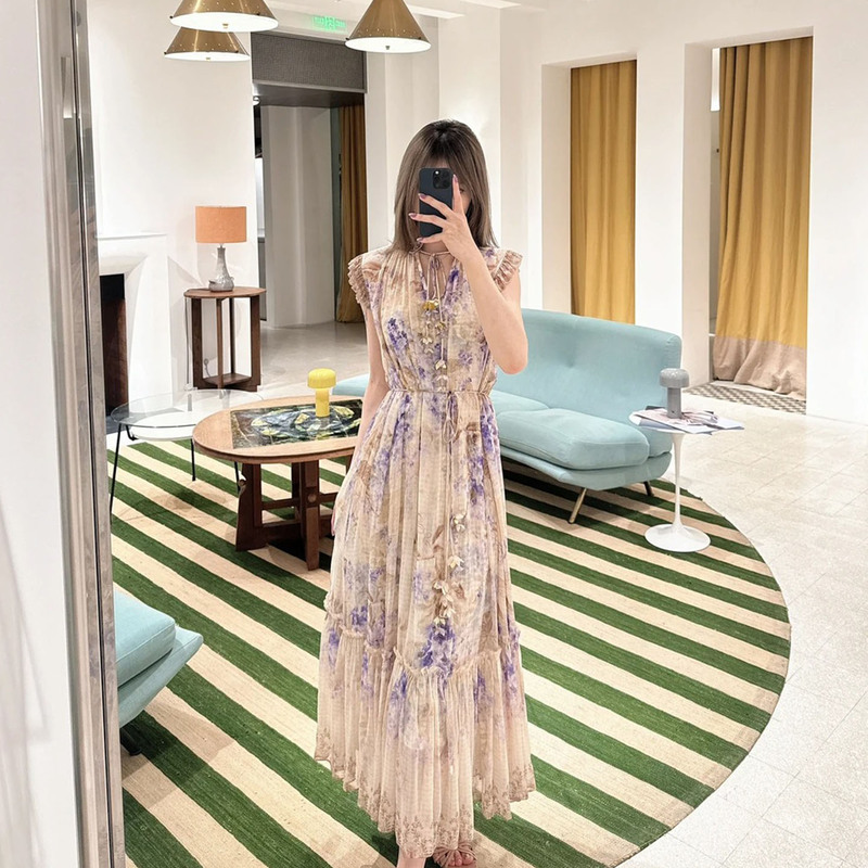 Zimm Australian Luxury Couture 2026 Style Waist-Cinching Slimming Pink Floral Print Flowing Style Long Sleeveless Dress