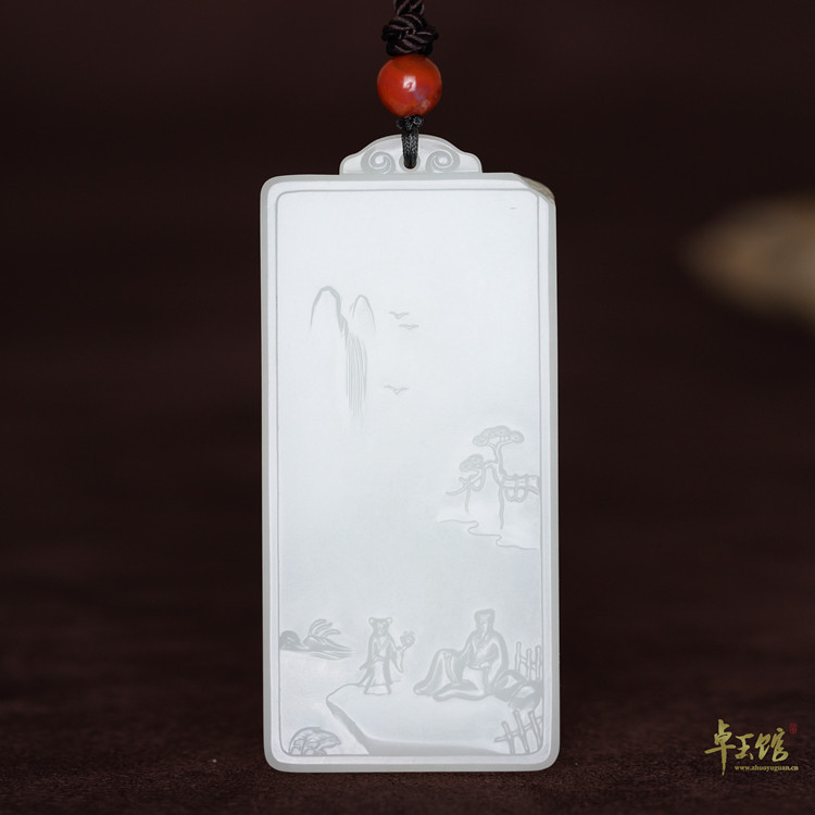 (Zhuoyu Pavilion) Mountain Top Heard Tales of Xinjiang and Tian Yuseed Fatty White Landscape Brand Pendant Li Zhuo Jade Sculpture