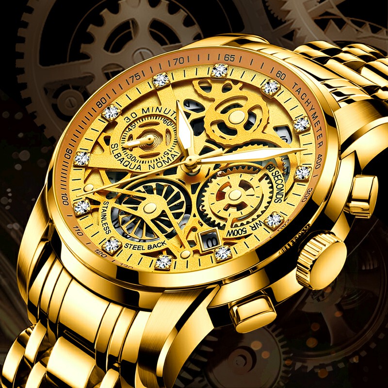 Genuine Brand Swiss Watch Men's Pure Gold Mechanical Watch Fully Automatic Waterproof Luminous Men's Gold Watch Rose Gold