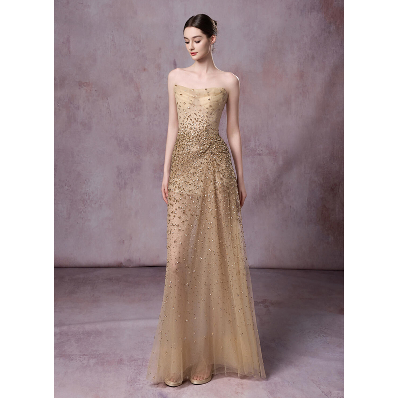 High-End Banquet Evening Dress, Stunning Host Tube Top Robe Dress, Super Fairy-Like Champagne Color Engagement Toast Dress for Women