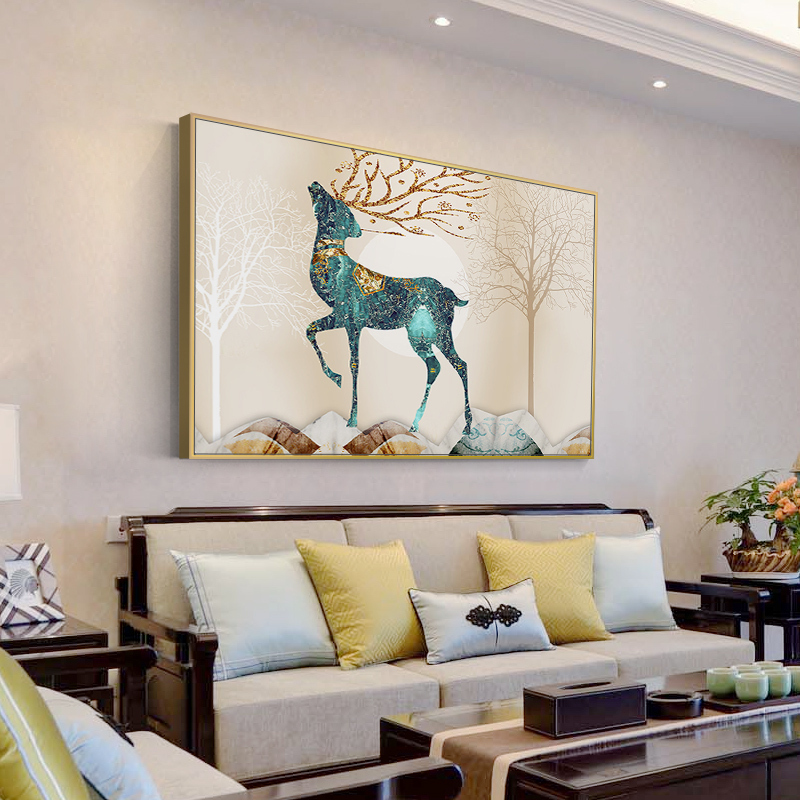 Minimalist living-room decoration painting horizontal sofa Background wall behind wall painting light and luxurious fashion fresco strokes Fortune Deer