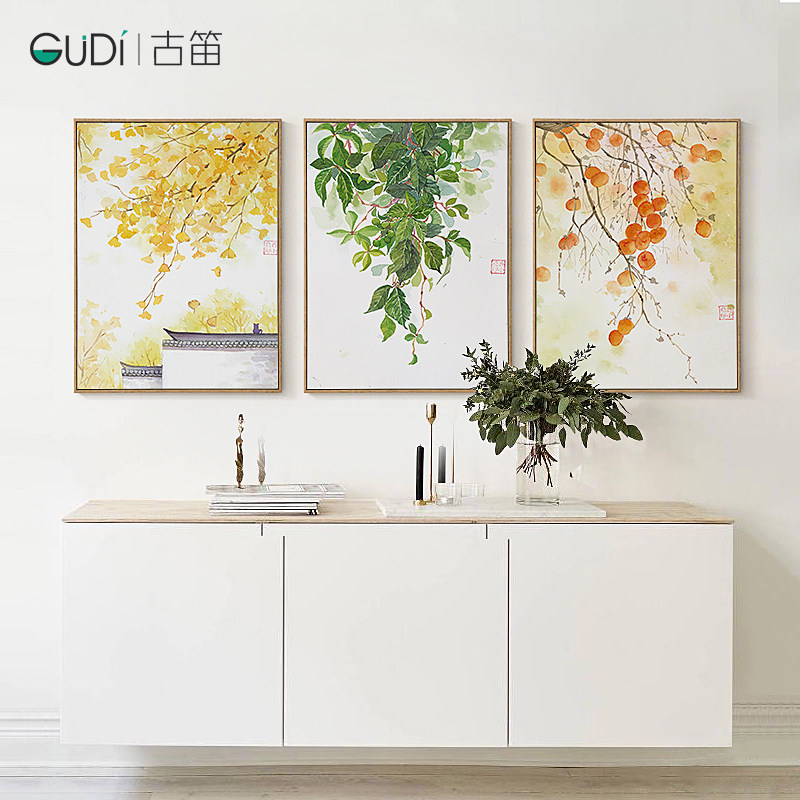 Fields Garden Small Frescoed Living Room Decoration Painting Hanging Painting Sofa Background Wall Modern Brief triptych New Chinese Ginkgo Leaf