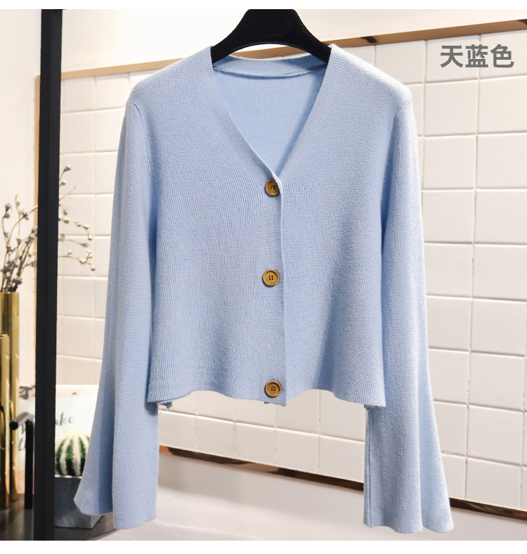 Áo mùa thu mới sang trọng Han Fan 慵 Gió lười retro v-cổ sừng dài tay đan áo len ngắn áo len lông thỏ