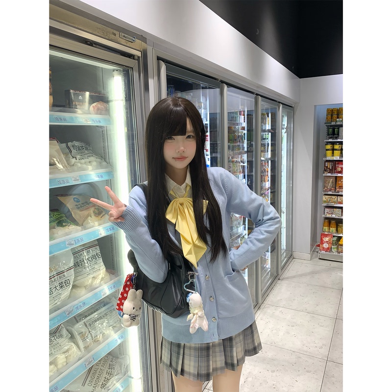 Ice Cream and Whale Jk Uniform Style Light Blue V-Neck Knitted Jacket Metal Button Cardigan Sweater Autumn and Winter