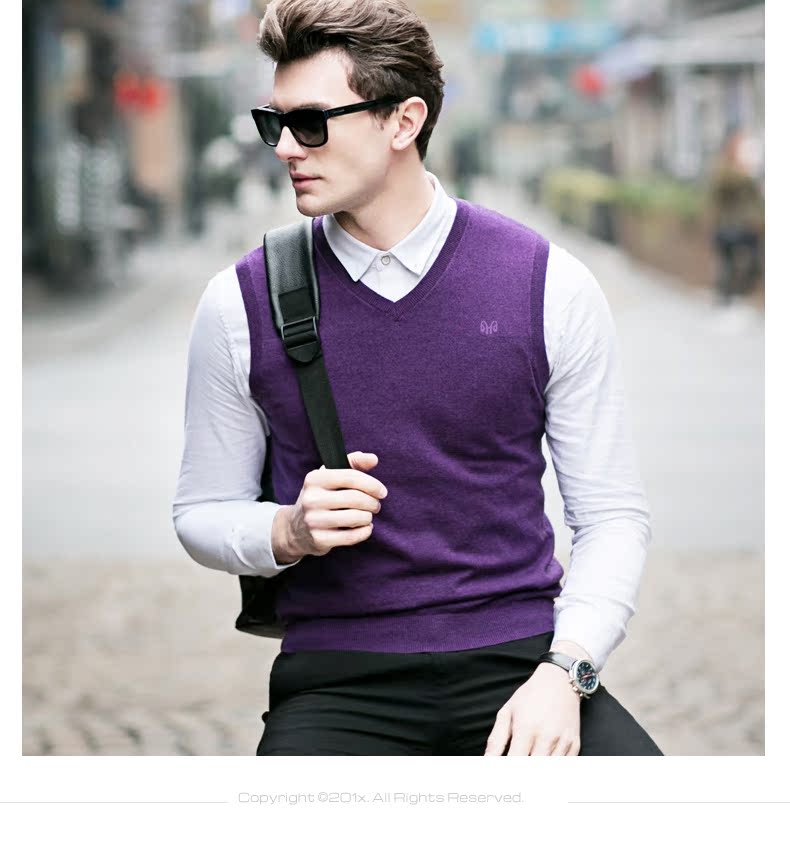Áo len nam Hengyuanxiang thuần len vest vest vest mùa thu và mùa đông V-cổ rắn màu không tay áo len đan áo len thu đông