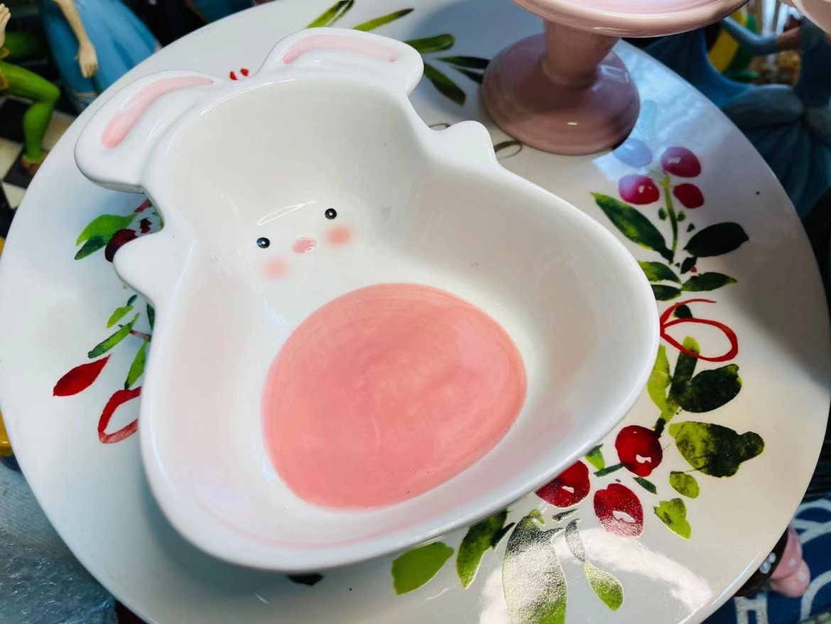 Korean version of ins wind girl heart small bowl cute cartoon rabbit tableware set small hamster pet ceramic food bowl