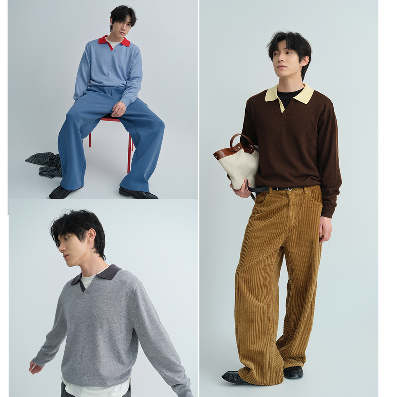 Horizon Men's Wear [30% Wool Retro Color-Block V-Neck Polo] Light Luxury Pullover Collared Sweater
