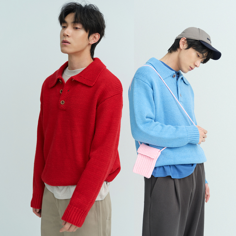 Horizon Men's Clothing [Wool Blend Chunky Knit Large Collar Colorful Polo] Sweater