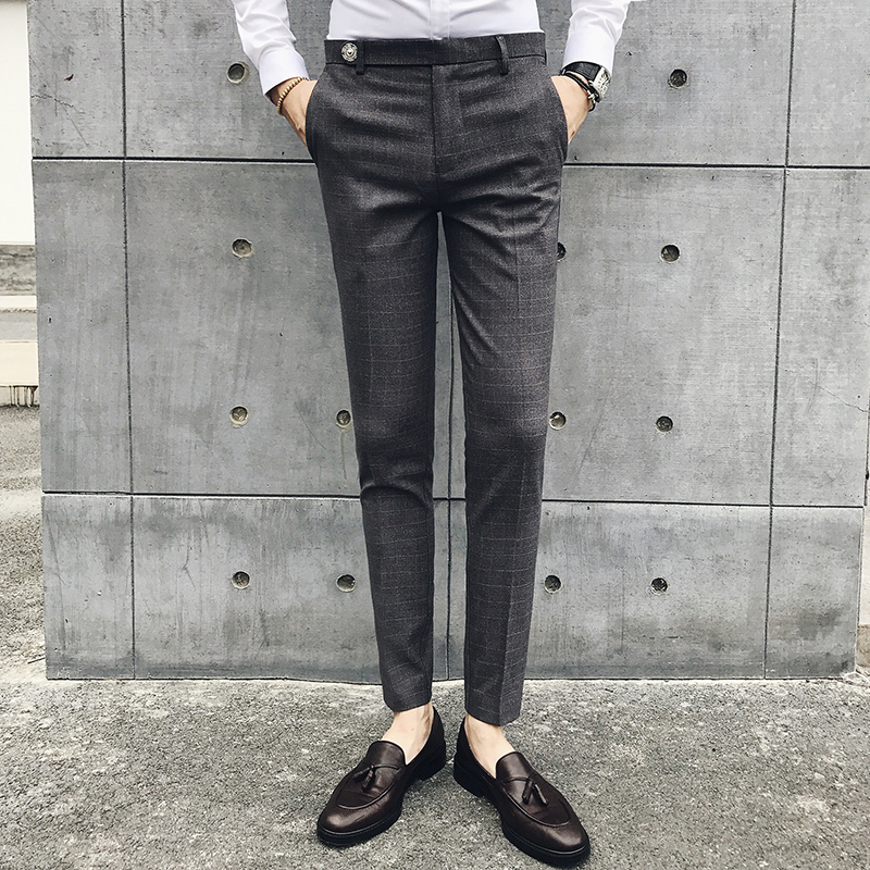 秋冬 细格子潮修身小脚裤 宫廷风嵌扣优雅时尚绅士男士休闲长裤