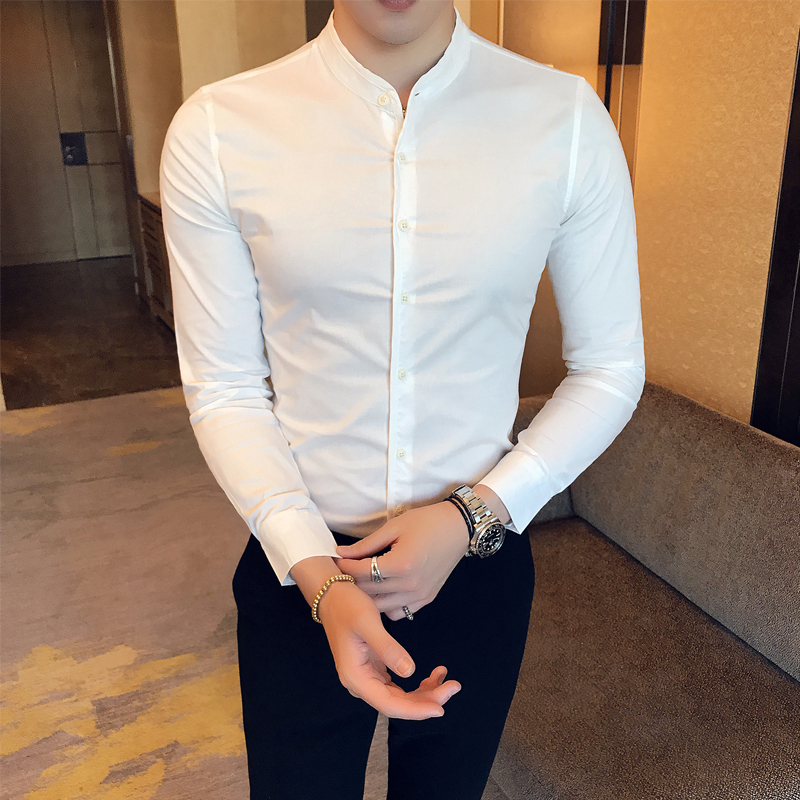 英伦立领修身衬衣 纯色青年时尚 男士商务休闲长袖衬衫