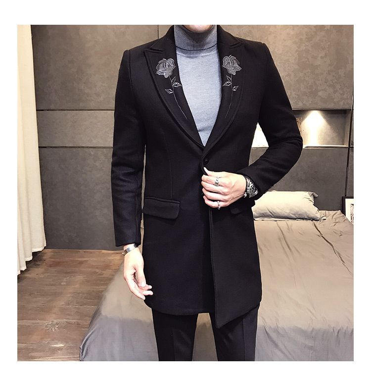 Chân dài nam mặc Tide Winter thêu thời trang Áo len dài mỏng Áo gió Anh áo măng tô dạ nam cao cấp