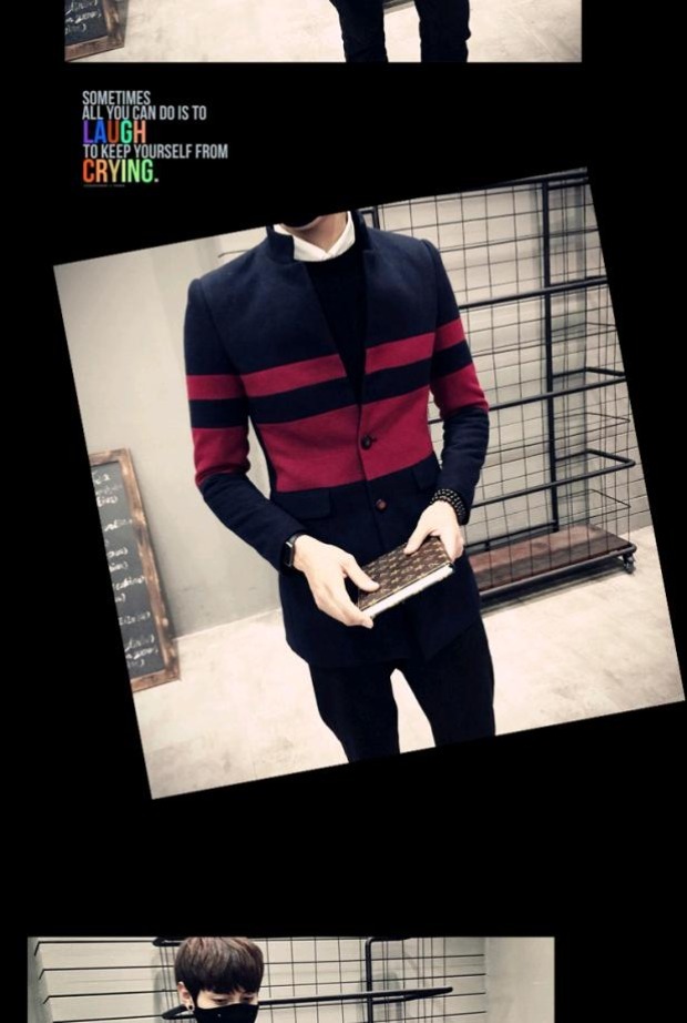 Quần áo mùa đông Gangfeng dày ban đầu cộng với cotton Slim màu tương phản áo gió nam dài áo khoác len áo khoác nam áo rét nam