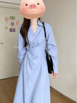 MLYD Custom big code style retro blue striped long sleeve shirt with dress for waist display slim temperament long dress