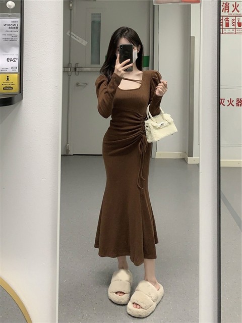 Large size French pure desire temperament square collar dress women's autumn and winter fat mm drawstring waist bag hip fishtail bottoming dress