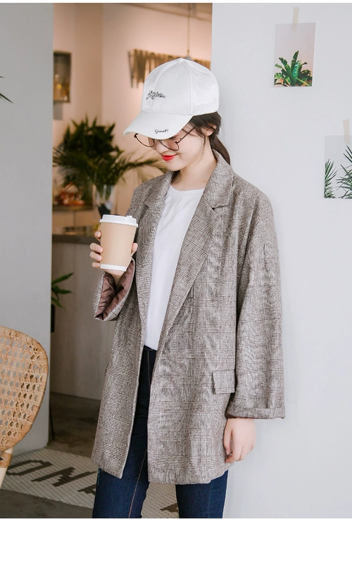 Vòng lặp thời gian 丨 韩 chic xu hướng rộng retro nhỏ phù hợp với mùa thu trench coat kẻ sọc kiểm tra áo khoác nữ
