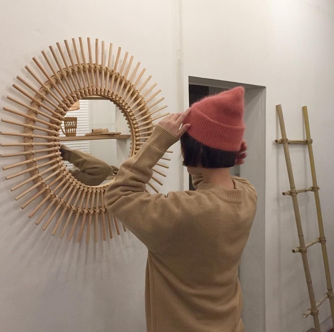 Nordic ins wind logs wall-mounted decoration mirror handmade willow woven door hall folk juxtaway with small round mirror