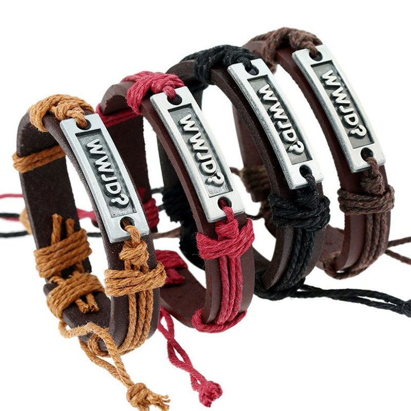 WWJD? Cowhide national hand-held European and American popular English alphabet leather hand-held retro trinket bracelet