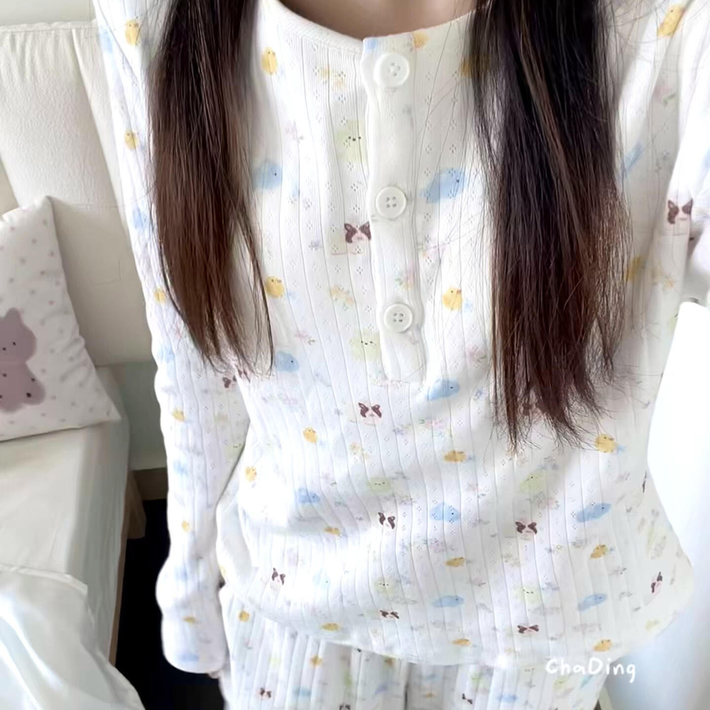Watachi 2026 Spring and Autumn Long-Sleeved Home Wear with Chest Pads, Baby Pig Party Design, New Women's Pure Cotton Knitted Pajamas Watachi 2026 Spring and Autumn Long-Sleeved Home Wear with Chest Pads, Baby Pig Party Design, New Women's Pure Cotton Knitted Pajamas