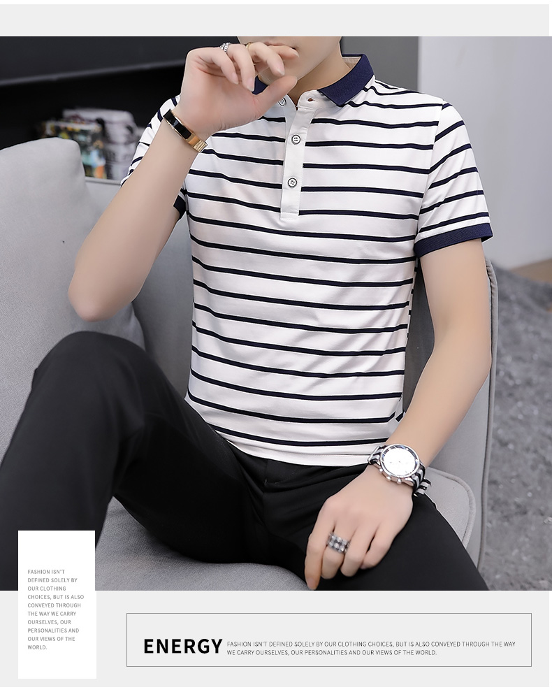 Mùa hè ngắn tay áo thun nam ve áo polo thương hiệu thủy triều phiên bản Hàn Quốc đơn giản tự canh tác nửa hoang dã sọc xu hướng quần áo nam - Polo áo cotton nam