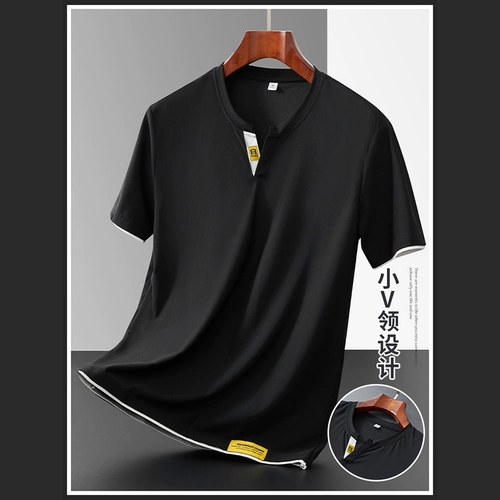 Летняя легкая и тонкая дышащая шелковая хлопковая приятная телу футболка с коротким рукавом для отдыха, V-образный вырез, короткий рукав