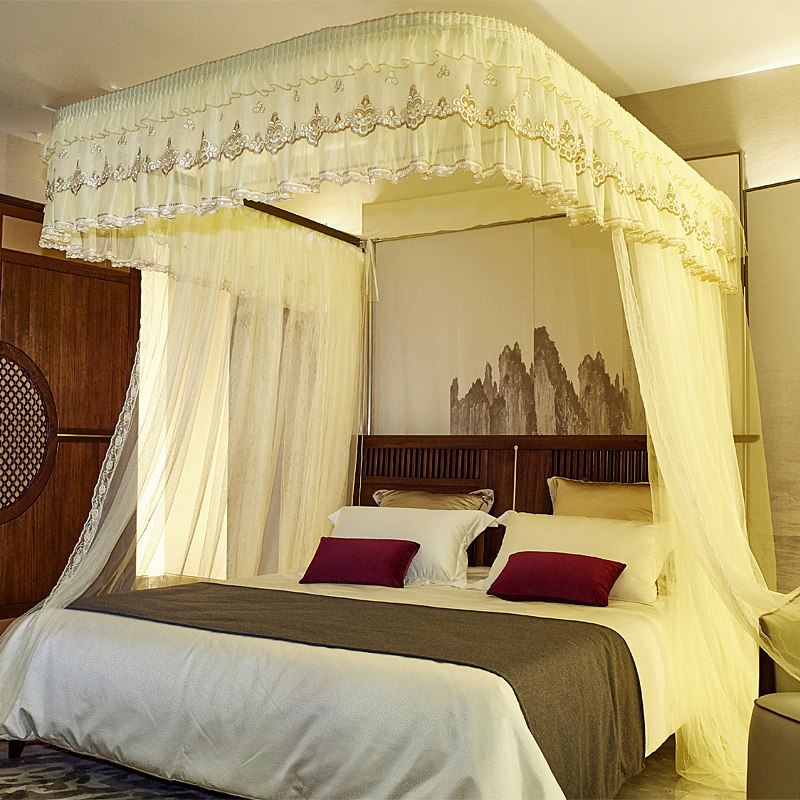 Double zipped rope pull curtain not slapped on wall rail nets Three doors U-type track Domestic double 1 8m bed 1 5 m