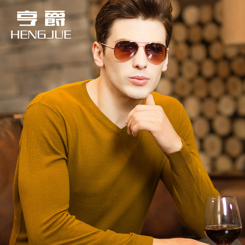 Men's Wool Sweater V-Neck Solid Color Korean Style Sweater Men's Sweetheart Collar Long-Sleeve Thin and Thick Base Knitwear for Autumn and Winter