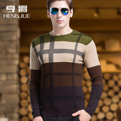 Hengjue 100% cardigan men's plaid spring and autumn thin sweater business pullover men's round neck long-sleeved sweater