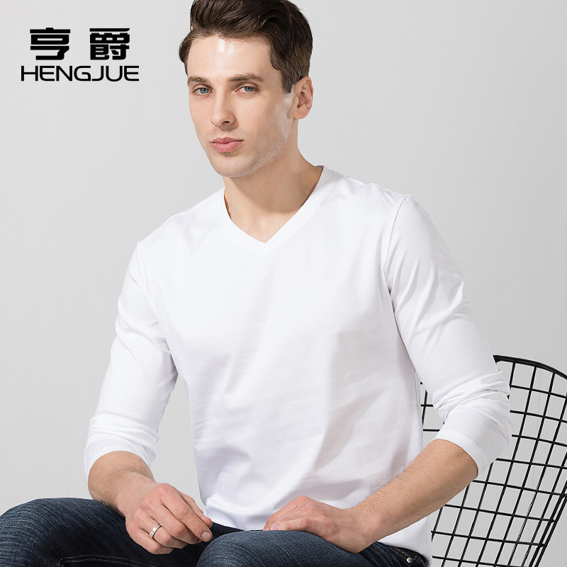Silk light cotton T-shirt male V collar pure cotton long sleeve T-shirt men's pure color full cotton spring autumn tv undershirt male clothing blouse