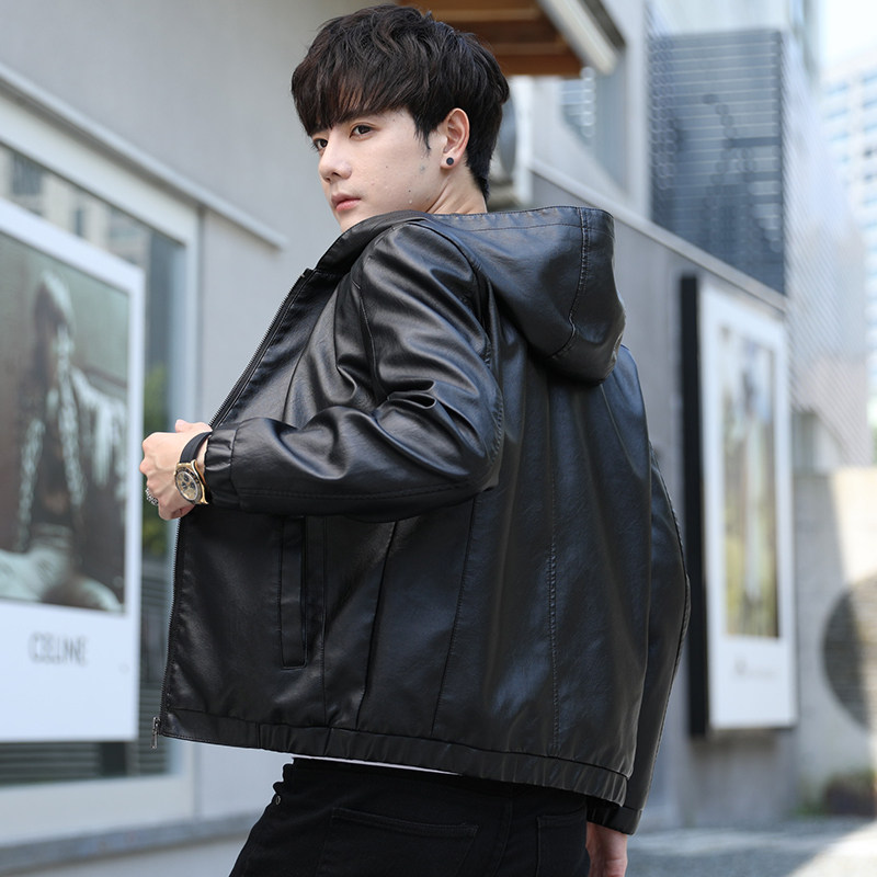Leather men's jacket Spring and autumn soft leather jacket men's trend Korean handsome hooded motorcycle velvet autumn and winter clothing