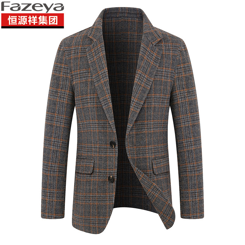 Hengyuan Xiang color sheep winter thickened double-sided suit Middle-aged business casual men plaid casual Western one-piece suit