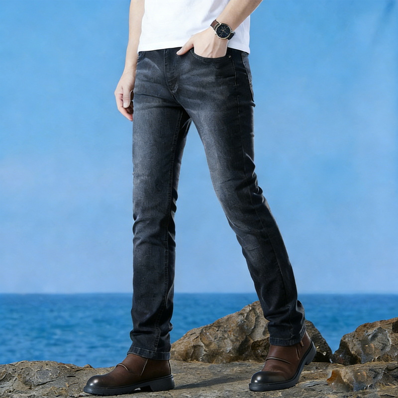 New Summer Thin High-End Black and Gray Slim-Fit Men's Straight-Leg Jeans Spring 2026 Stretch Washed Long Pants