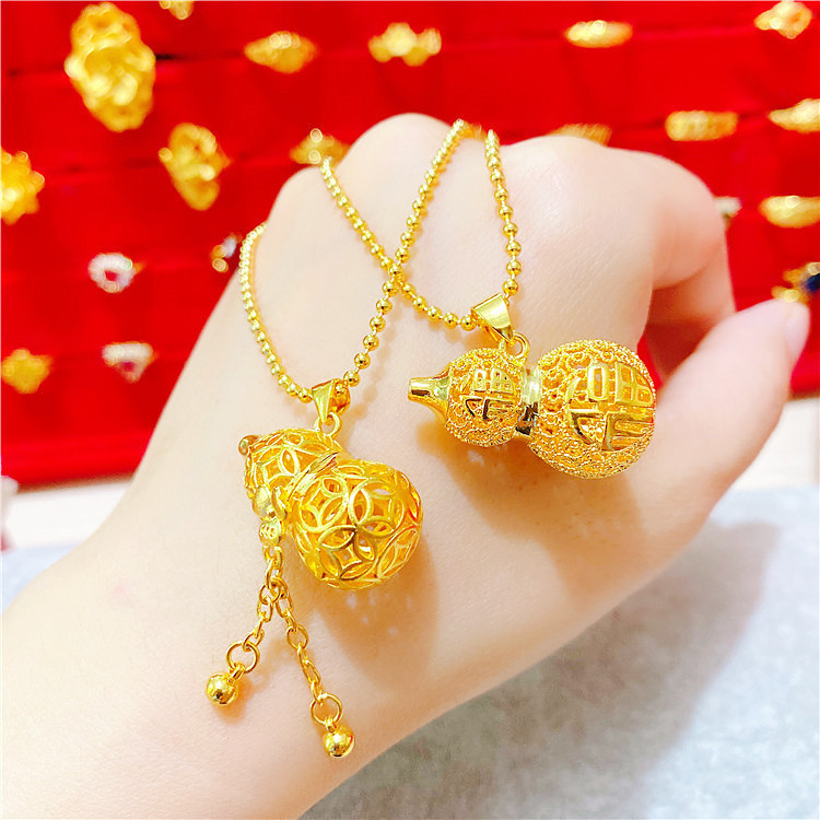 Hong Kong 9999 real gold necklace female 3D hard gold blessing word gourd pendant female clavicle chain 24K pure gold gold