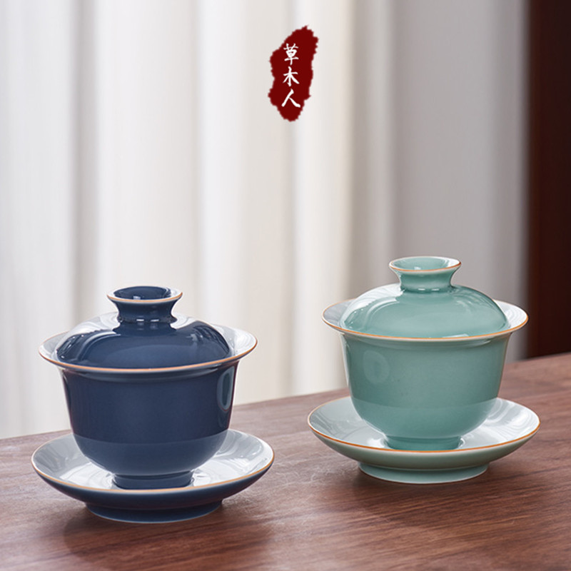Jingdezhen Gaiwan Teacup Ceramic Kung Fu Tea Set Tea Bowl Sancai Bowl Large Sacrificial Blue and White Porcelain Hand-painted Gaiwan