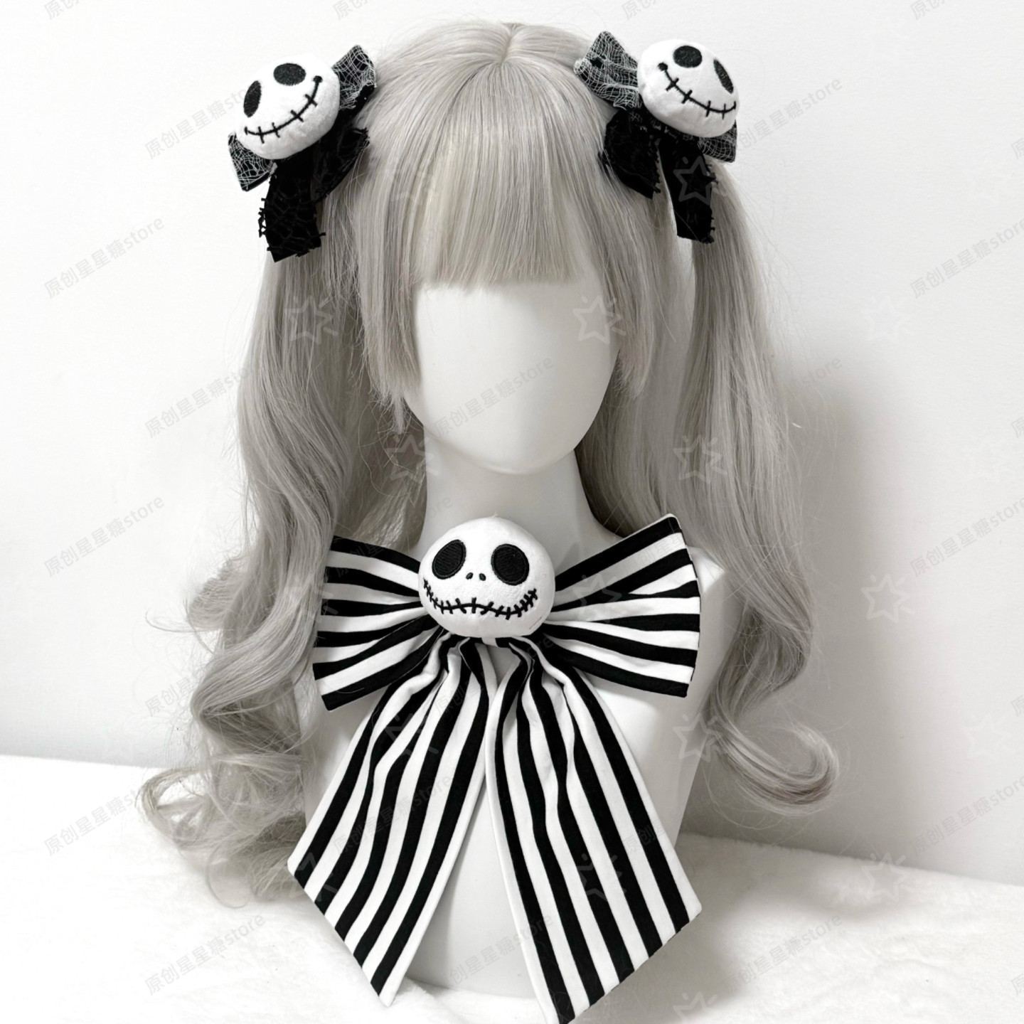 Star Candy Store Original Subculture Gothic Dark Black and White Striped Skull Bow Tie Halloween Handmade Crafts