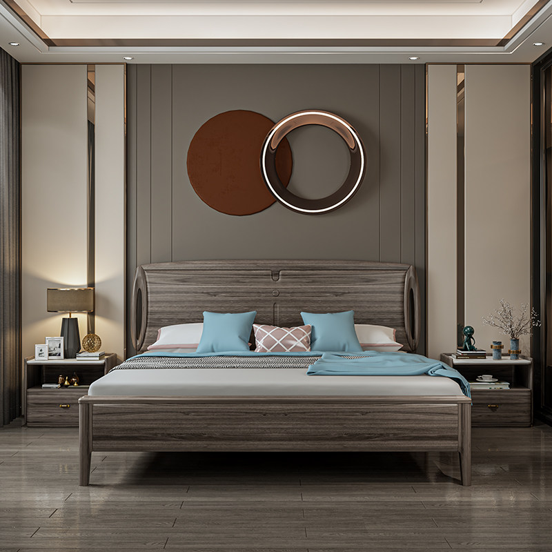 Solid wood bed New Chinese main bedroom with double bed 1 8 m Wedding bed Small family type High case containing bed Economy Type of white wax wood