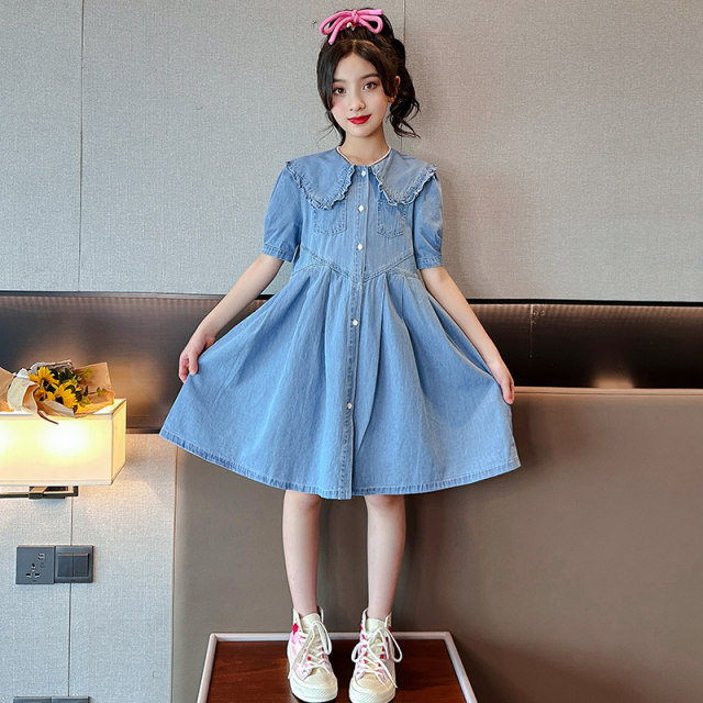 Girls denim skirt 2023 new children's summer dress cotton skirt summer girl doll collar princess skirt