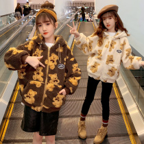 Girl Gvet Jacket Autumn Winter Dress CUHK Tong Thicken Sheep Lamb Suede Hat Blouse Girl Foreign Air Little Bear Fur Coat