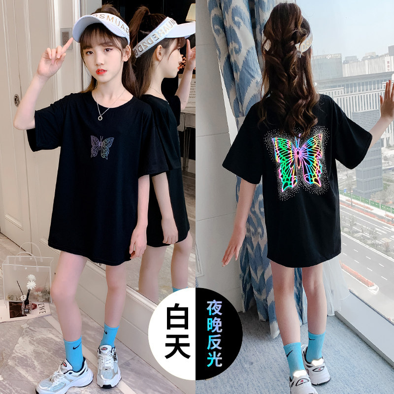 Girls medium and long t-shirt cotton summer dress 2023 new medium and big children loose compassionate shirt girls short-sleeved net red T-shirt skirt